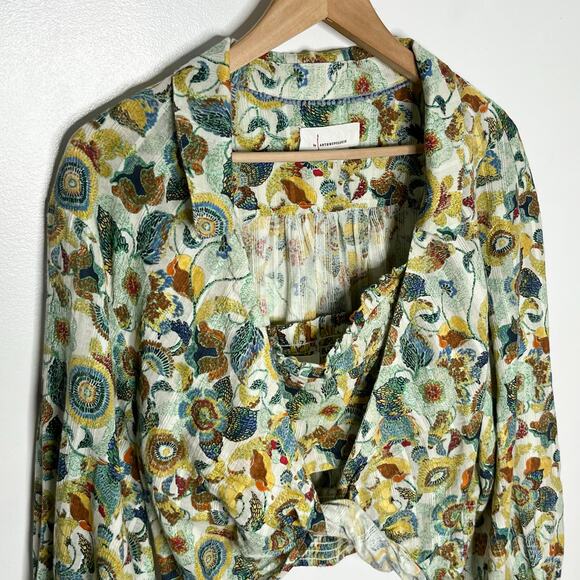 Anthropologie Crop Top 2 Piece Set Womens Large Green Floral Cotton Resort Wear - Picture 6 of 15